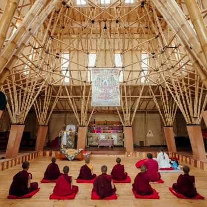Mandala-shaped bamboo truss crowns Buddhist meditation hall in Nepal by Abari